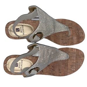 White Mountain Thong Sandals w/Adjustable Strap Sz 9 Shimmer Front 2” Cork Wedge